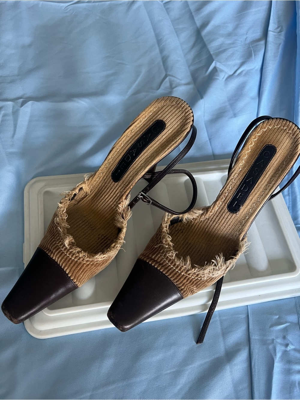 Casadei Brown Corduroy & Dark Brown Leather Slingback Heels - Picture 2 of 14